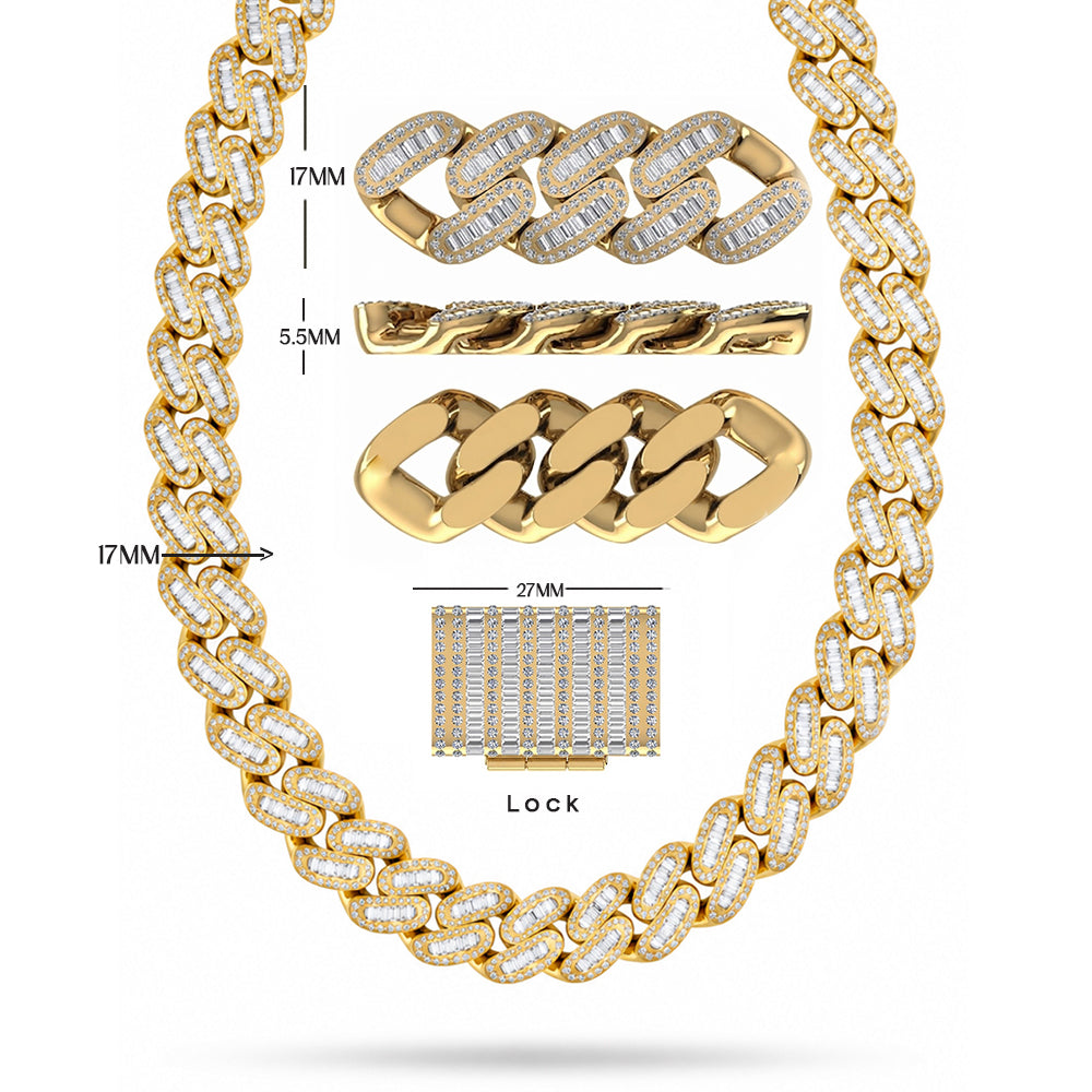 17mm Moissanite Diamond Iced Oval Shape Cuban Link Chain - 5.5MM Wide Baguette Accent Pattern