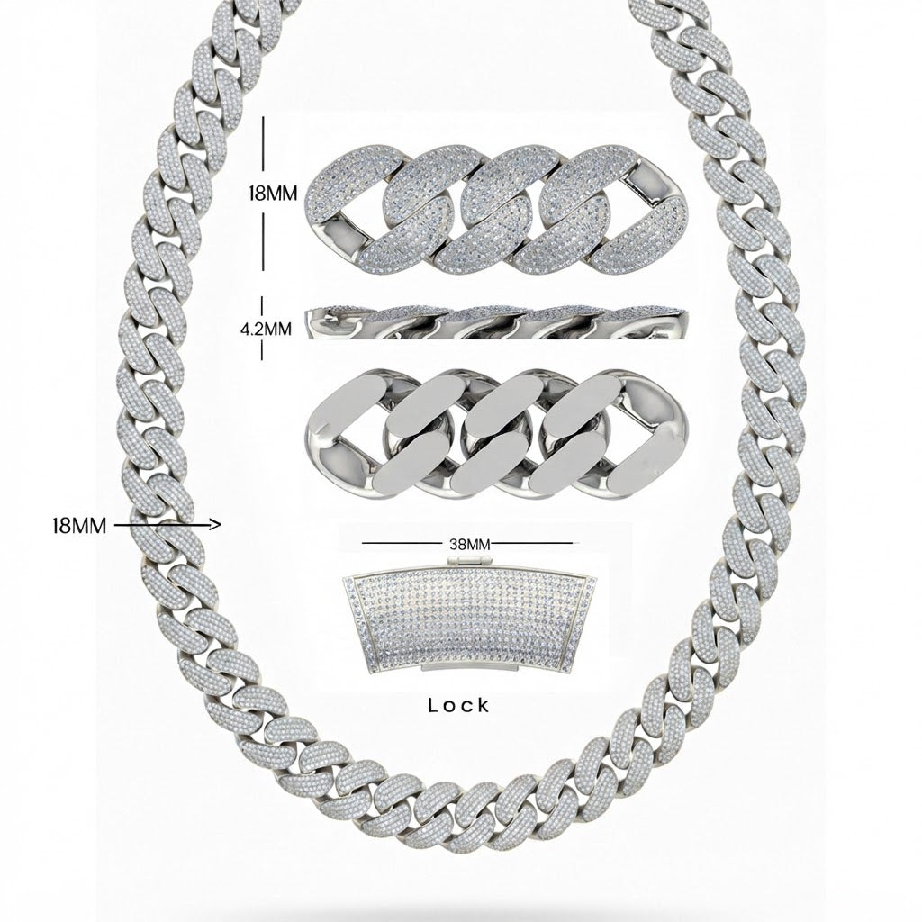 18MM Full Iced Miami Cuban Link Chain – 4.2MM Thick Pavé Curb Link Pattern