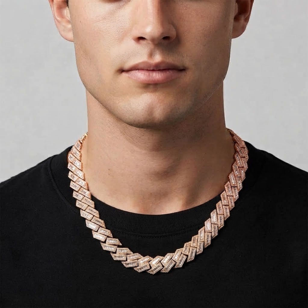 18MM Baguette Iced Baguette Round Cuban Link Chain – 4.3MM Geometric Link Pattern