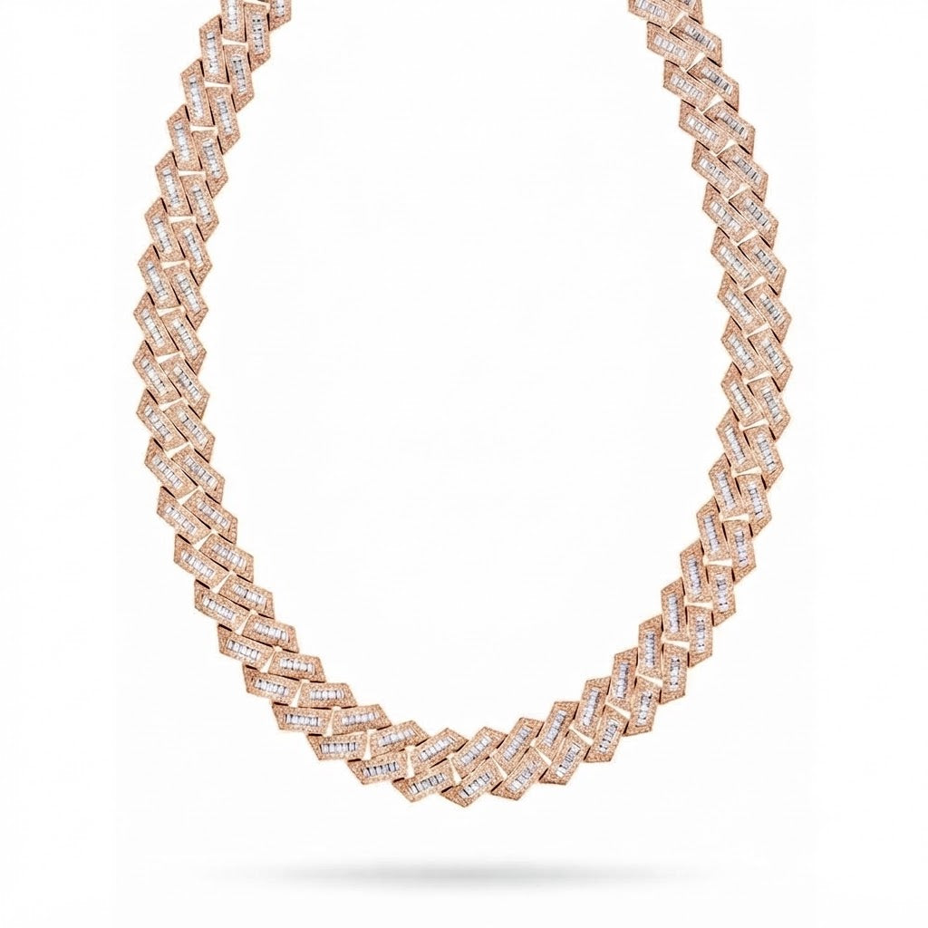 18MM Baguette Iced Baguette Round Cuban Link Chain – 4.3MM Geometric Link Pattern