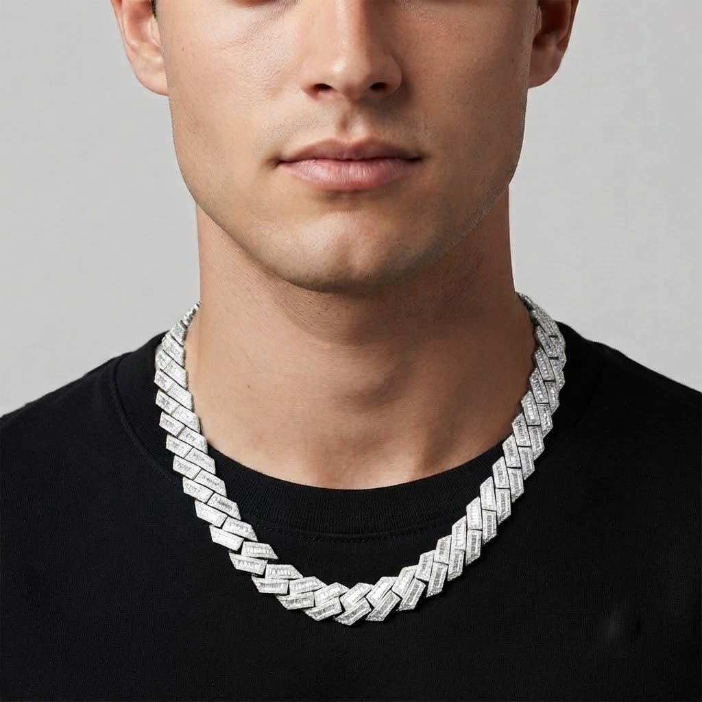 18MM Baguette Iced Baguette Round Cuban Link Chain – 4.3MM Geometric Link Pattern