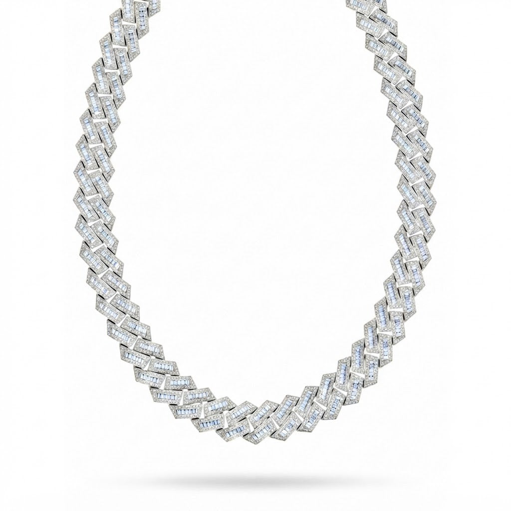 18MM Baguette Iced Baguette Round Cuban Link Chain – 4.3MM Geometric Link Pattern