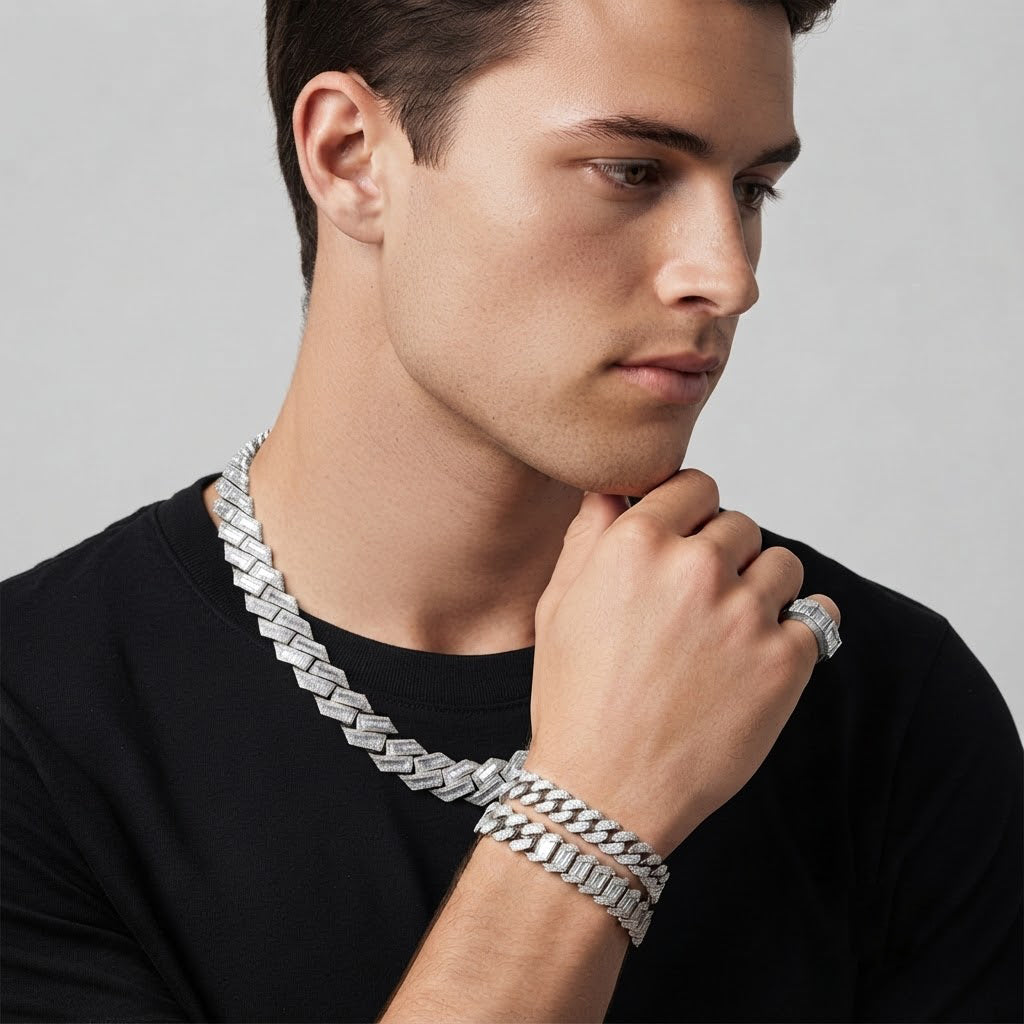 18MM Baguette Iced Baguette Round Cuban Link Chain – 4.3MM Geometric Link Pattern