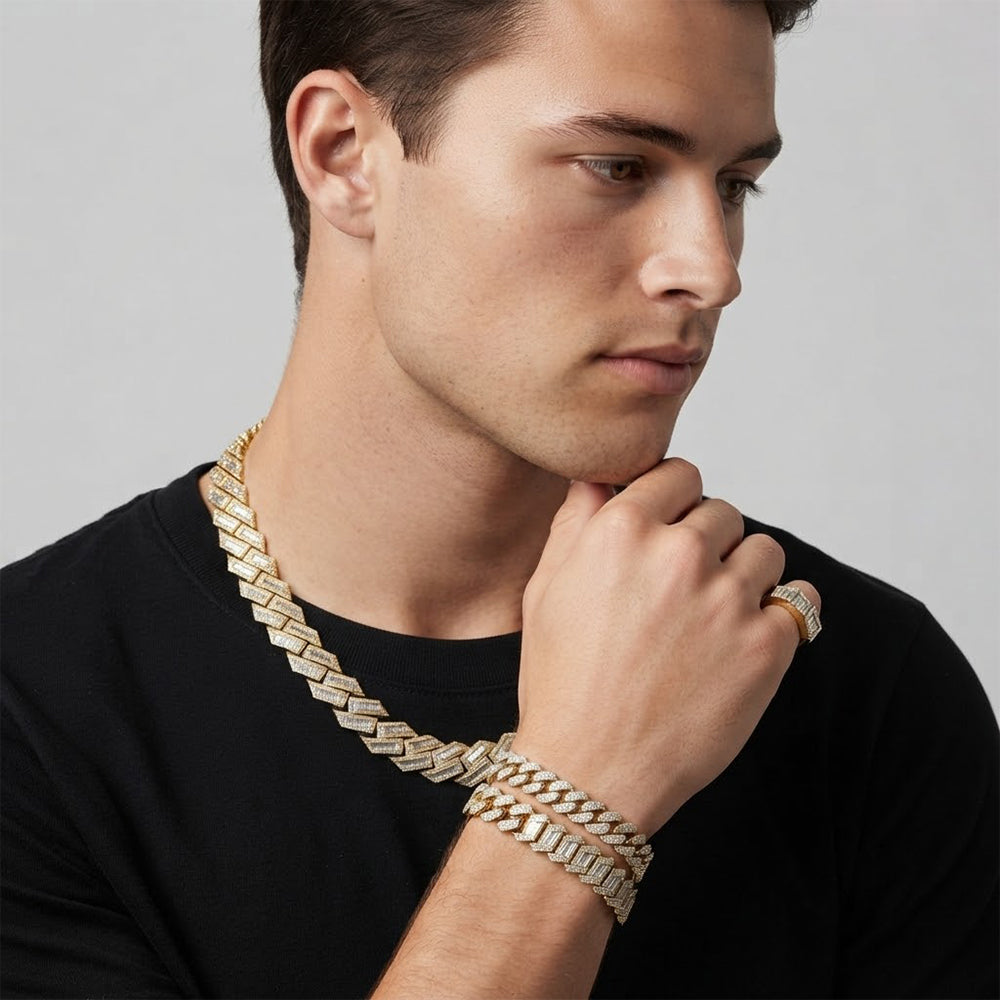 18MM Baguette Iced Baguette Round Cuban Link Chain – 4.3MM Geometric Link Pattern