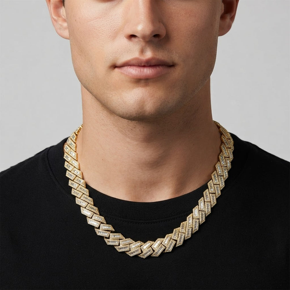 18MM Baguette Iced Baguette Round Cuban Link Chain – 4.3MM Geometric Link Pattern