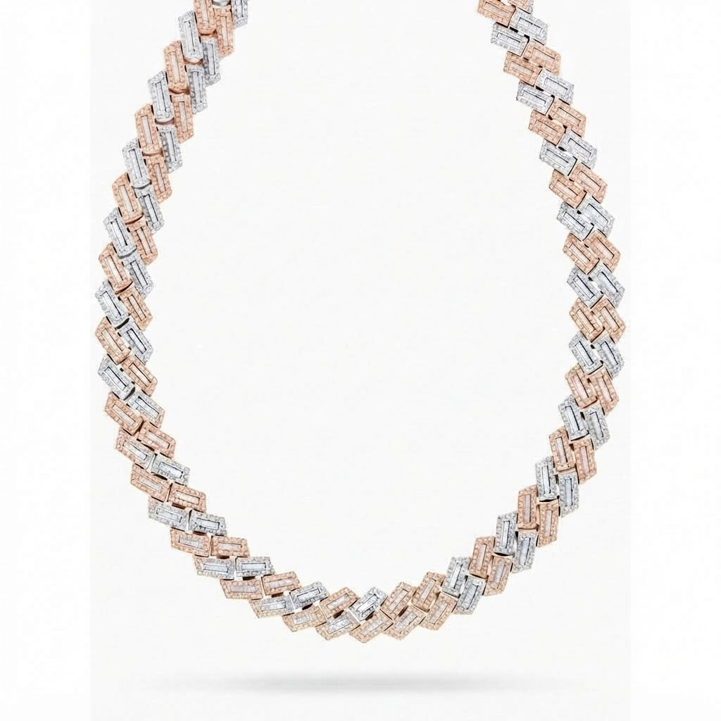 18MM Two-Tone Baguette Iced Rectangular Link Chain – 4MM Geometric Link Pattern