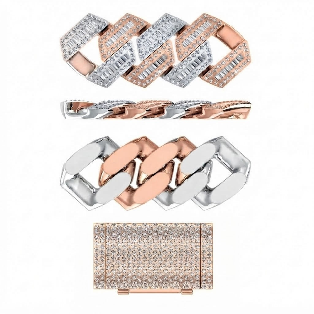 18MM Two-Tone Baguette Iced Rectangular Link Chain – 4MM Geometric Link Pattern