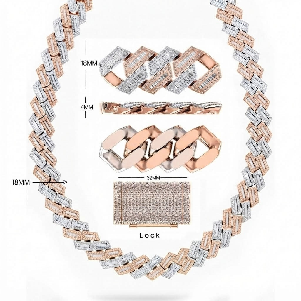 18MM Two-Tone Baguette Iced Rectangular Link Chain – 4MM Geometric Link Pattern