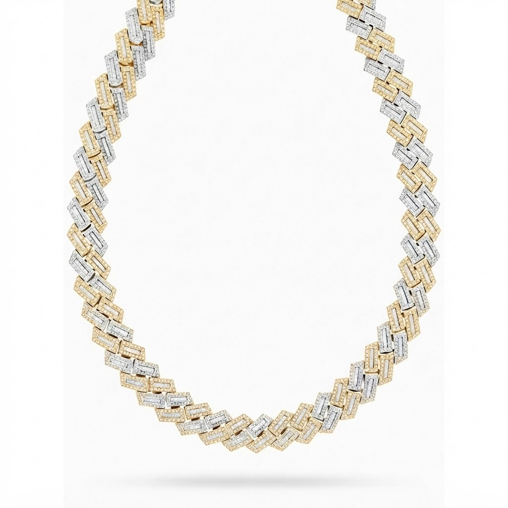 18MM Two-Tone Baguette Iced Rectangular Link Chain – 4MM Geometric Link Pattern