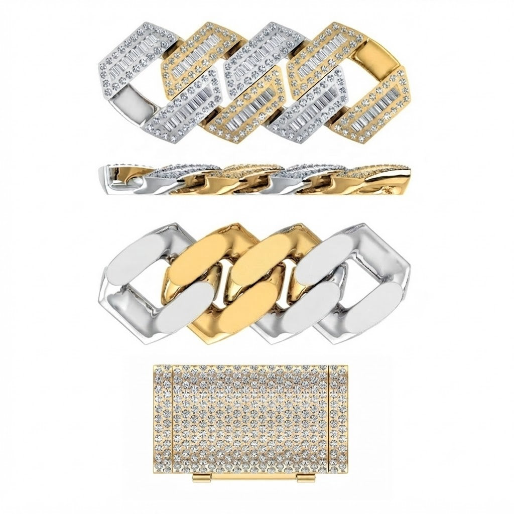 18MM Two-Tone Baguette Iced Rectangular Link Chain – 4MM Geometric Link Pattern