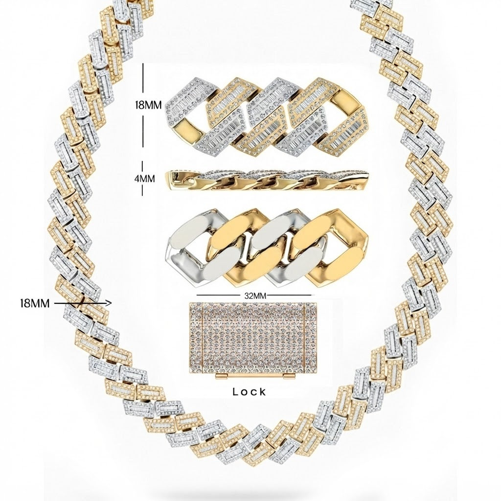 18MM Two-Tone Baguette Iced Rectangular Link Chain – 4MM Geometric Link Pattern