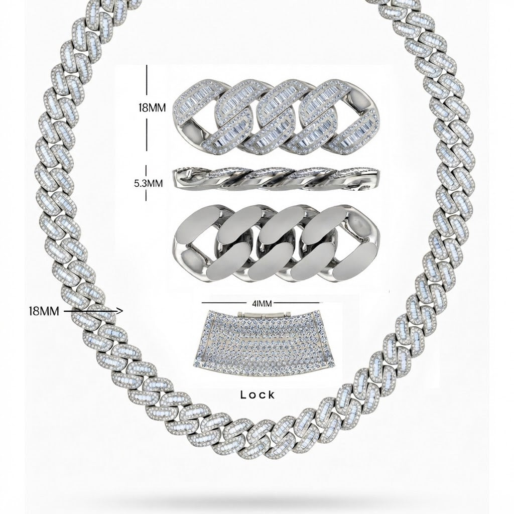 18MM Baguette Round Moissanite Diamond Iced Oval Shape Cuban Link Chain – 5.3MM