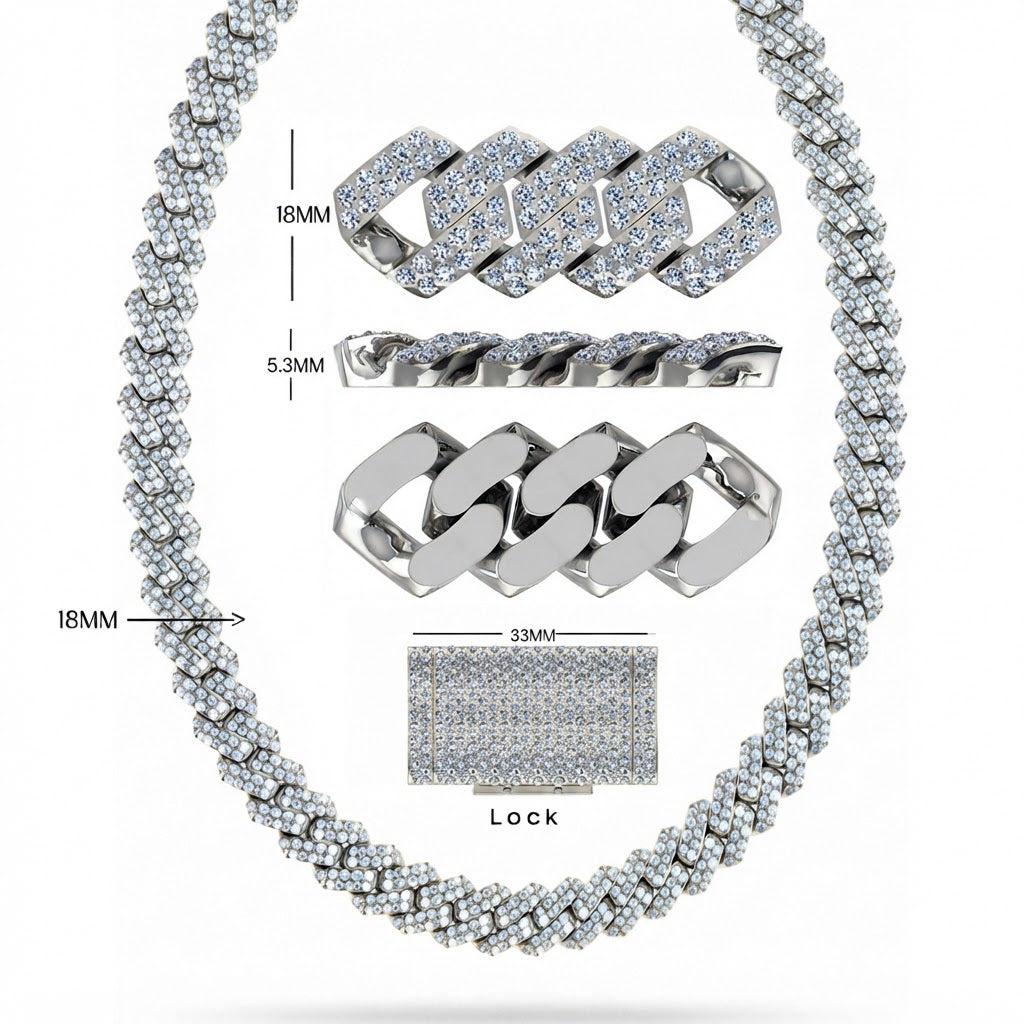 18MM Full Iced Rectangular Double Row Cuban Link Chain – 5.3MM Pavé Link Pattern