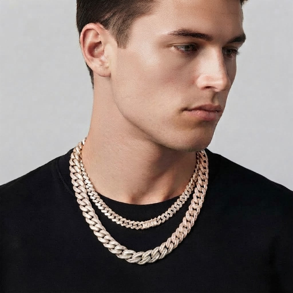 18MM Baguette Diamond Iced Oval Shape Cuban Link Chain – 5.5MM Pavé Pattern