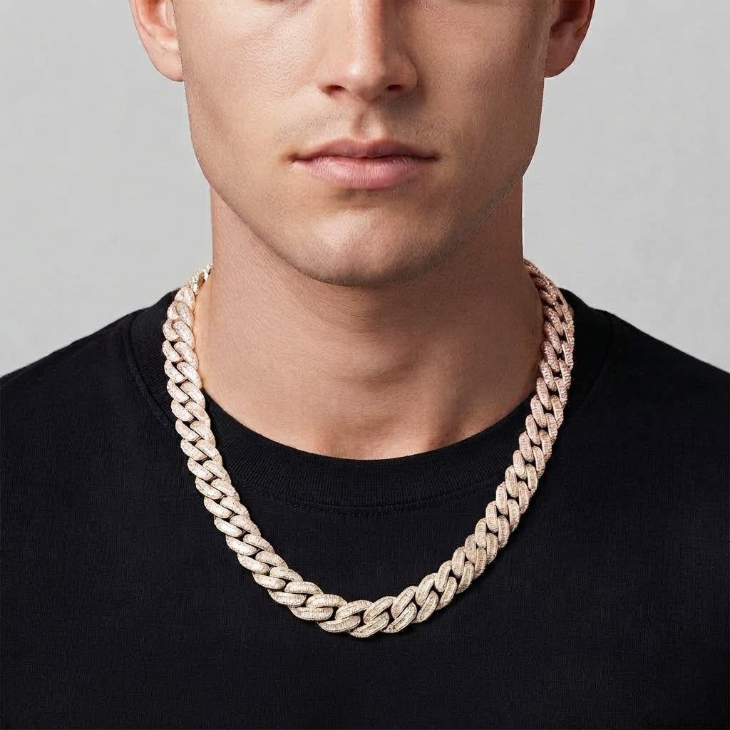 18MM Baguette Diamond Iced Oval Shape Cuban Link Chain – 5.5MM Pavé Pattern