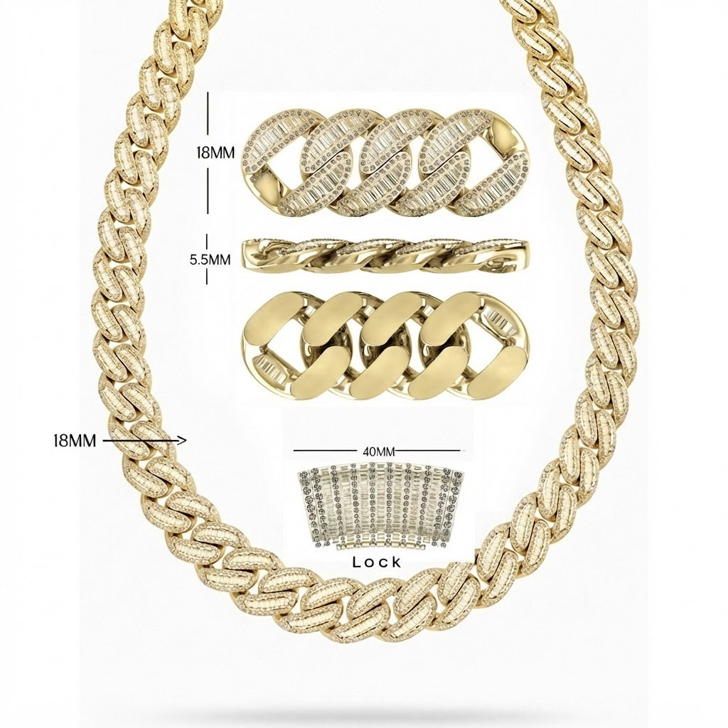18MM Baguette Diamond Iced Oval Shape Cuban Link Chain – 5.5MM Pavé Pattern