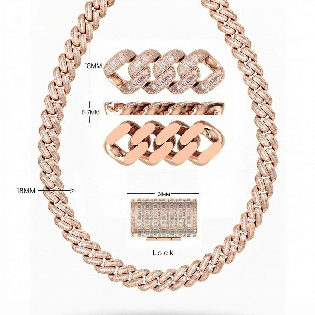 18MM Baguette Pavé Oval Shape Cuban Link Chain – 5.7MM Full Iced Interlocking Pattern