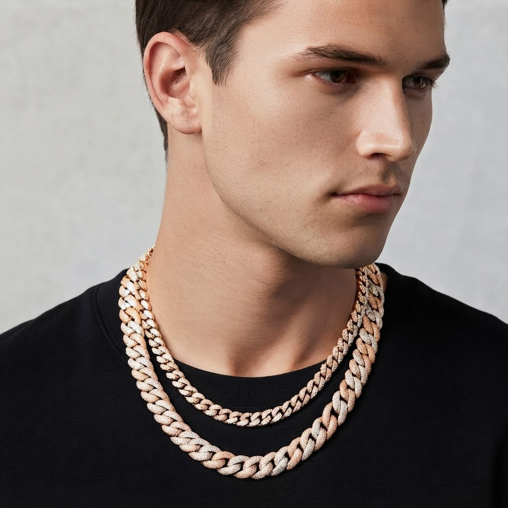 18MM Two Tone Moissanite Iced Interlocking Pattern Cuban Link Chain – 6.5MM