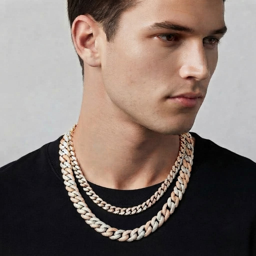 18MM Two Tone Moissanite Iced Interlocking Pattern Cuban Link Chain – 6.5MM