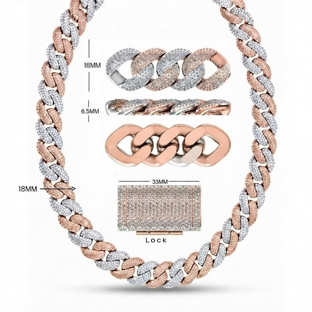 18MM Two Tone Moissanite Iced Interlocking Pattern Cuban Link Chain – 6.5MM