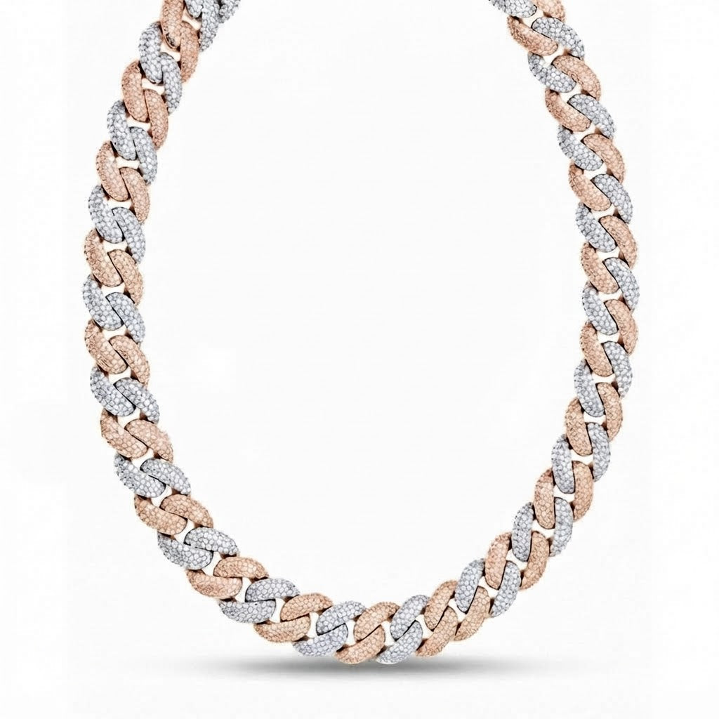 18MM Two Tone Moissanite Iced Interlocking Pattern Cuban Link Chain – 6.5MM