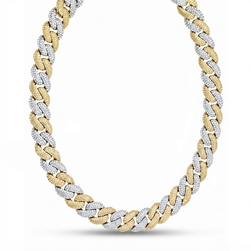 18MM Two Tone Moissanite Iced Interlocking Pattern Cuban Link Chain – 6.5MM
