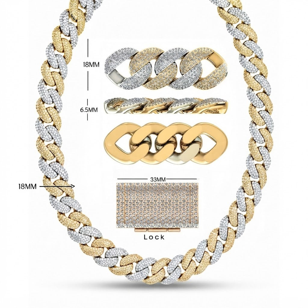 18MM Two Tone Moissanite Iced Interlocking Pattern Cuban Link Chain – 6.5MM