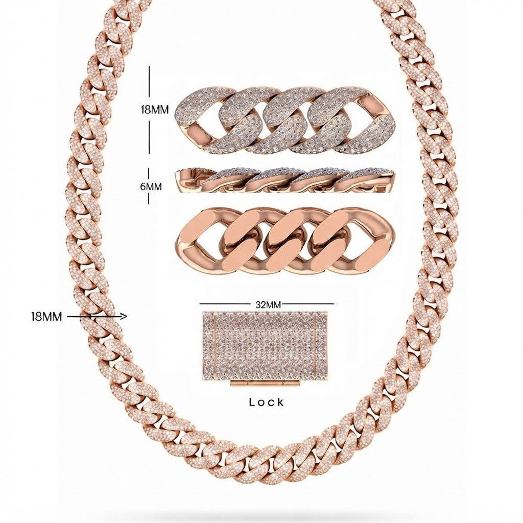 18MM Moissanite Diamond Pavé Iced Three Row Cuban Link Chain – 6MM