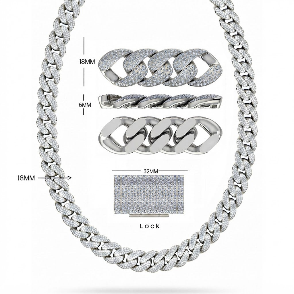 18MM Moissanite Diamond Pavé Iced Three Row Cuban Link Chain – 6MM