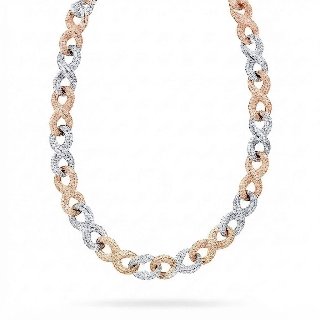 20MM Two Tone Moissanite Iced Infinity Link Chain – 10MM Interlocking Figure Eight Pattern