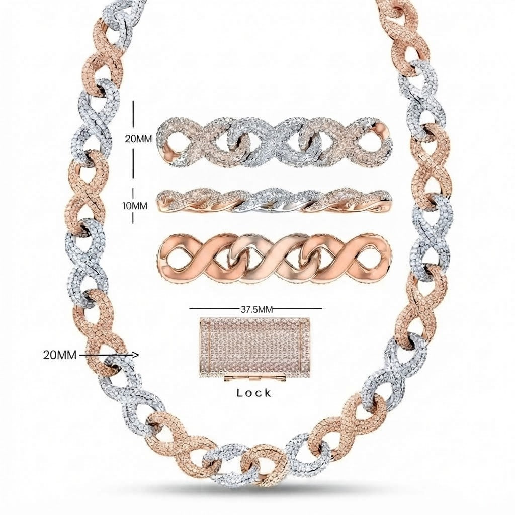 20MM Two Tone Moissanite Iced Infinity Link Chain – 10MM Interlocking Figure Eight Pattern