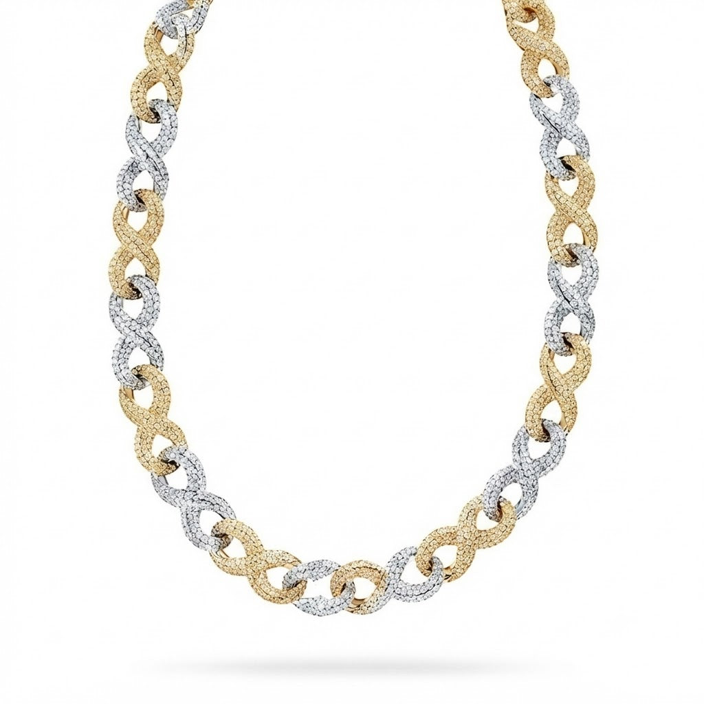 20MM Two Tone Moissanite Iced Infinity Link Chain – 10MM Interlocking Figure Eight Pattern