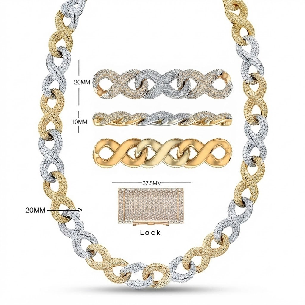 20MM Two Tone Moissanite Iced Infinity Link Chain – 10MM Interlocking Figure Eight Pattern