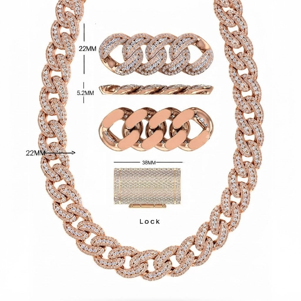 22MM Moissanite Diamond Iced Double Oval Shape Cuban Link Chain – 5.2MM Wide