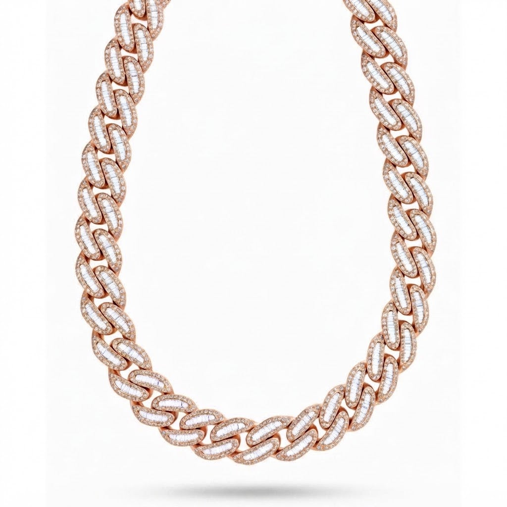 22MM Moissanite Iced Baguette Diamond Cuban Link Chain – 6.8MM Interlocking Oval Pattern