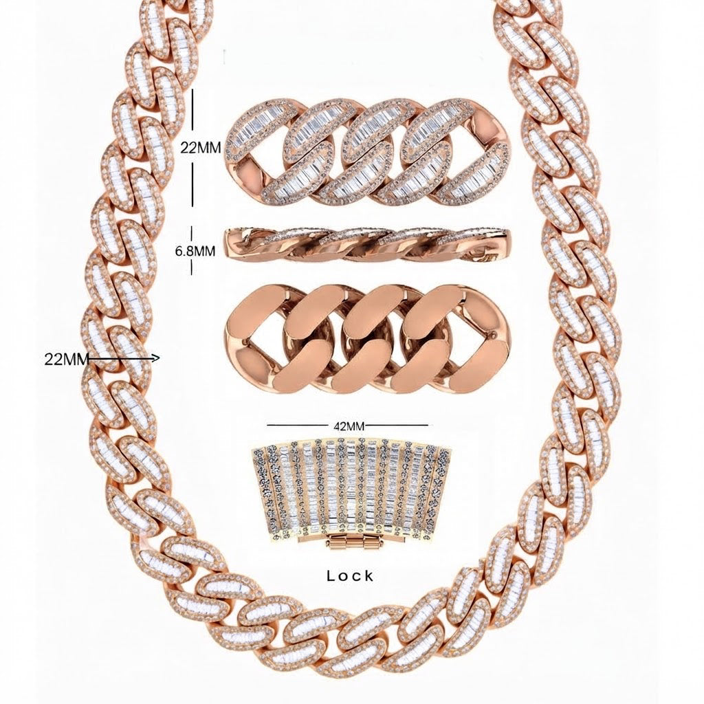 22MM Moissanite Iced Baguette Diamond Cuban Link Chain – 6.8MM Interlocking Oval Pattern