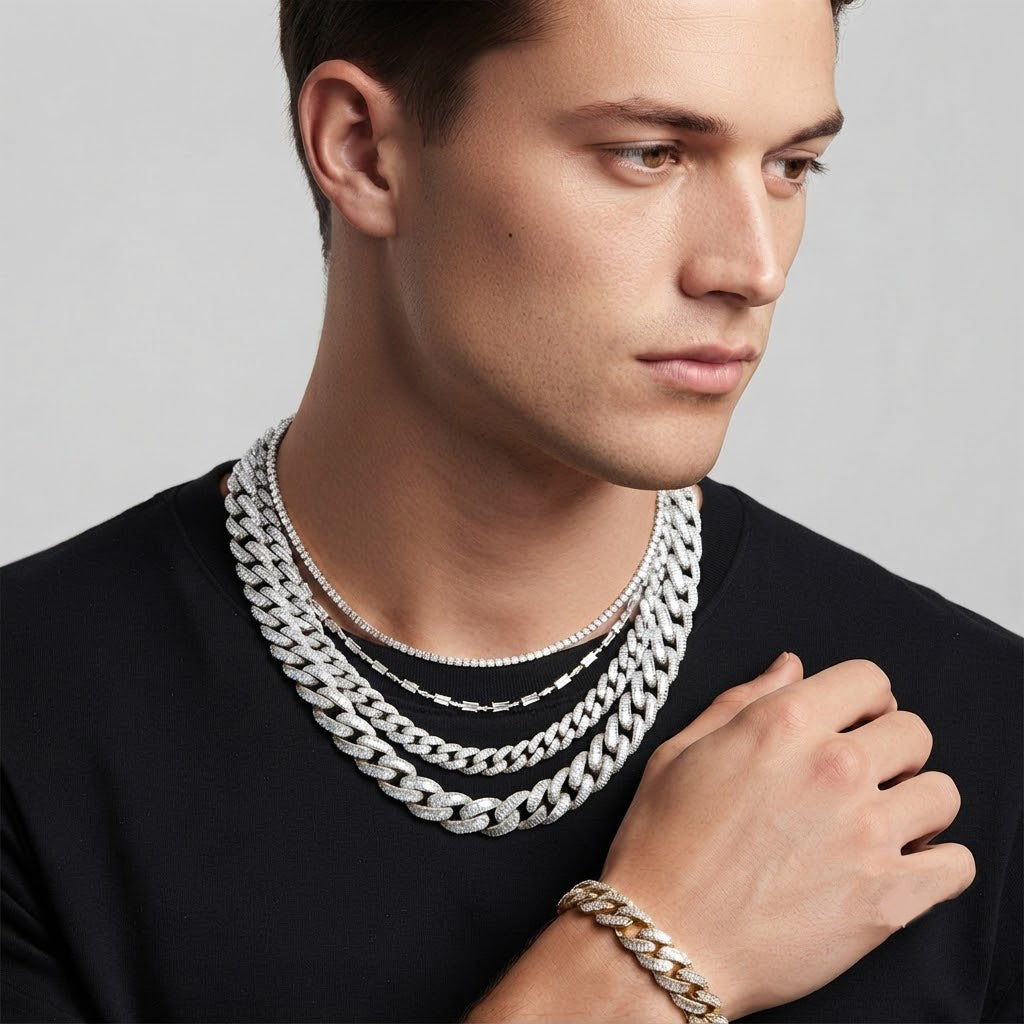 22MM Moissanite Iced Baguette Diamond Cuban Link Chain – 6.8MM Interlocking Oval Pattern