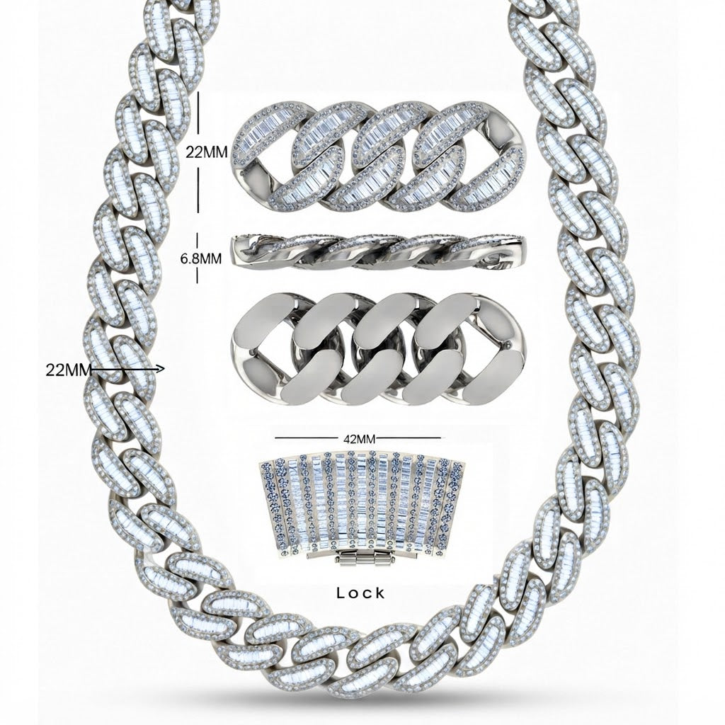 22MM Moissanite Iced Baguette Diamond Cuban Link Chain – 6.8MM Interlocking Oval Pattern