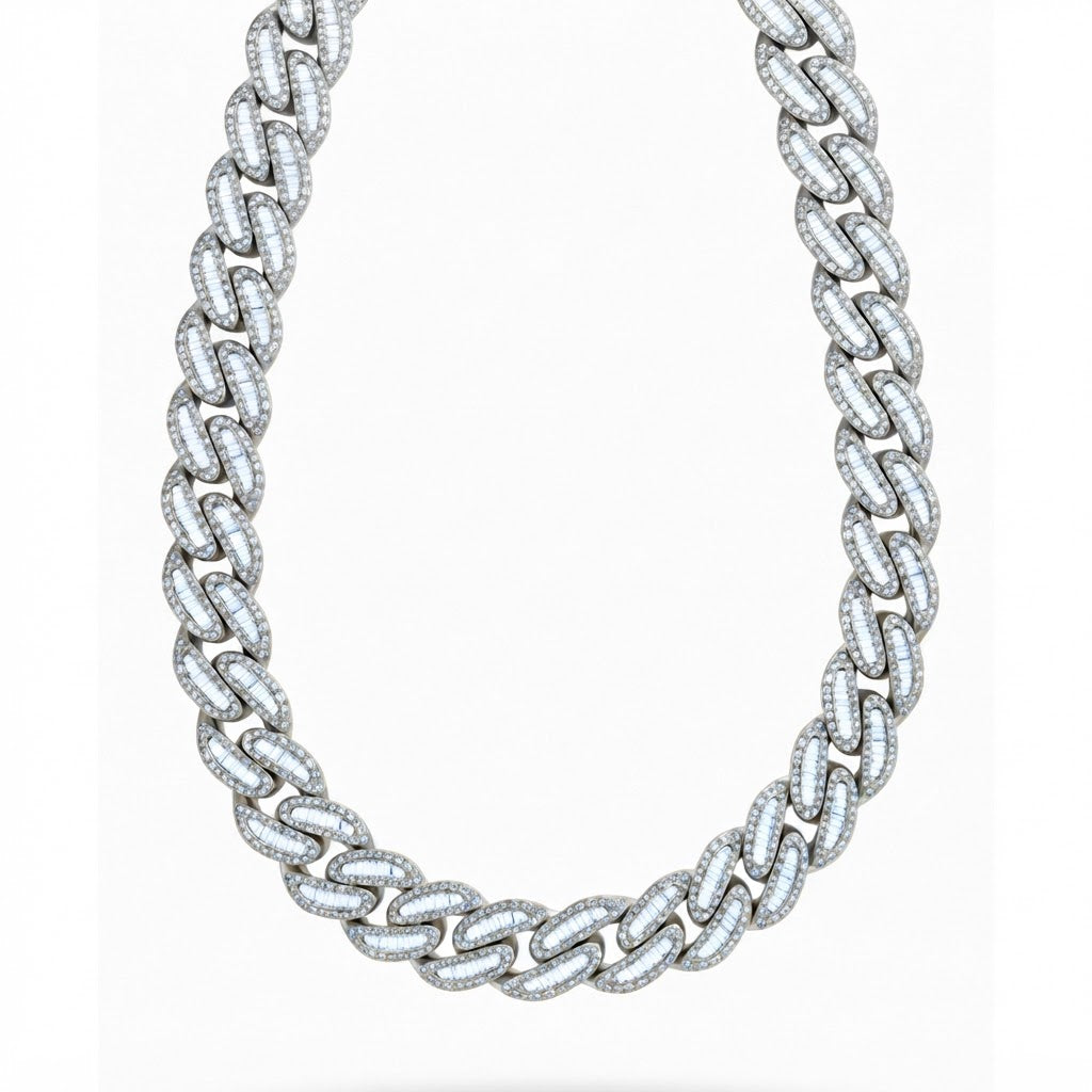 22MM Moissanite Iced Baguette Diamond Cuban Link Chain – 6.8MM Interlocking Oval Pattern