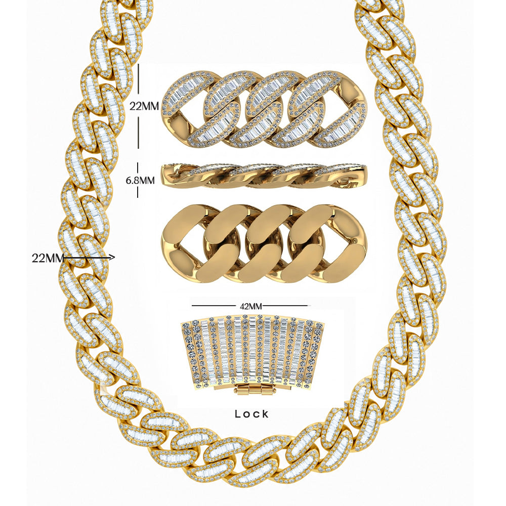22MM Moissanite Iced Baguette Diamond Cuban Link Chain – 6.8MM Interlocking Oval Pattern