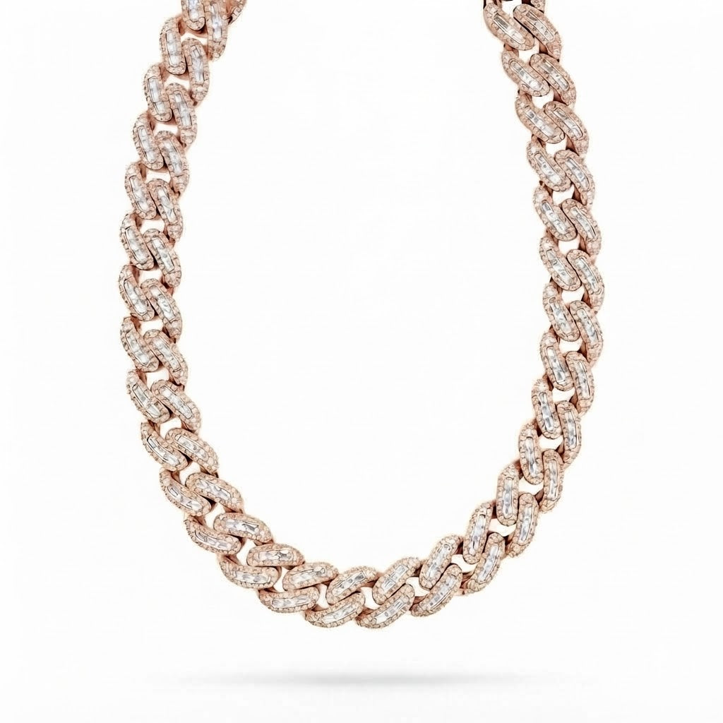 22MM Moissanite Round Baguette Iced Cuban Link Chain – 7MM Wide Blue Oval Diamond in Lock