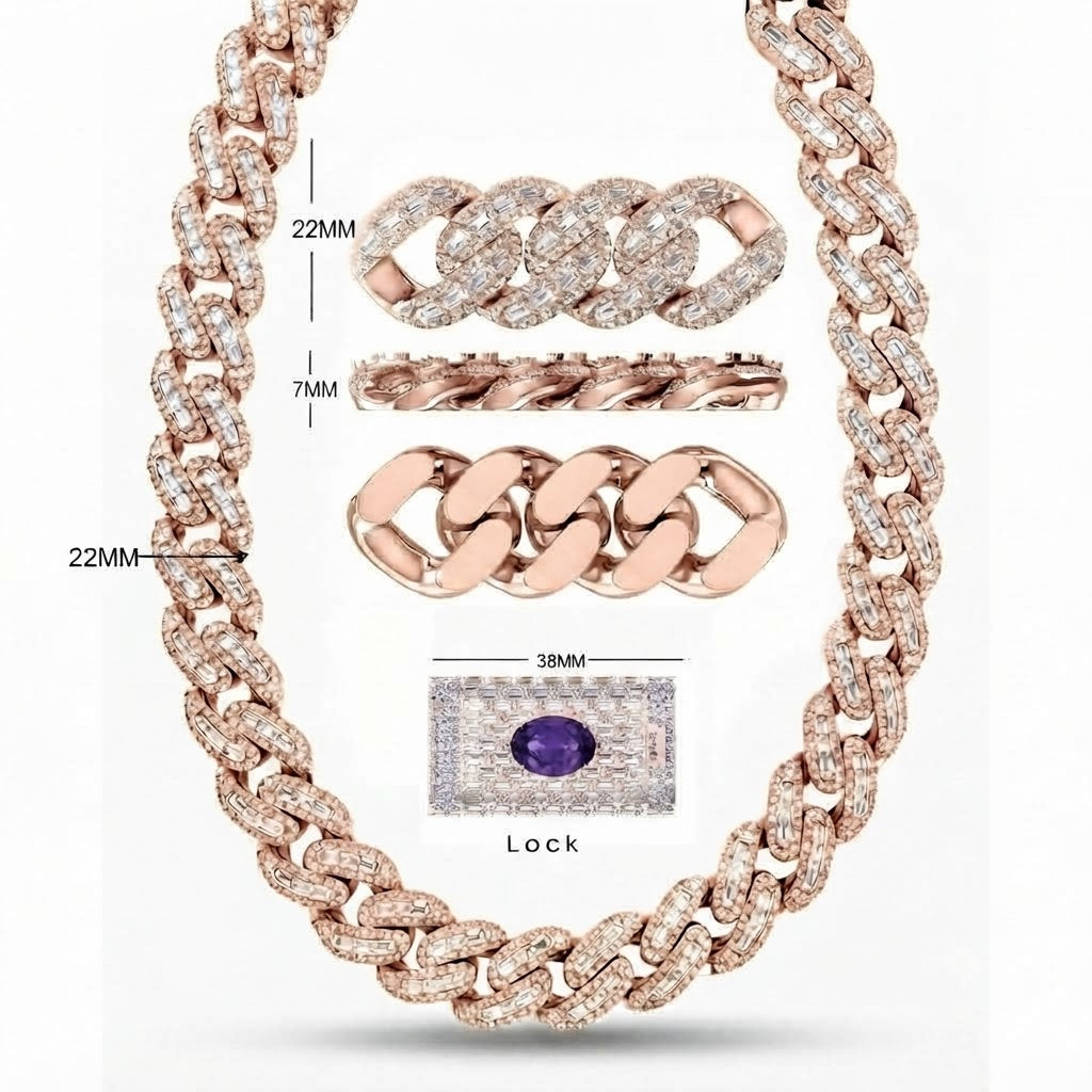22MM Moissanite Round Baguette Iced Cuban Link Chain – 7MM Wide Blue Oval Diamond in Lock