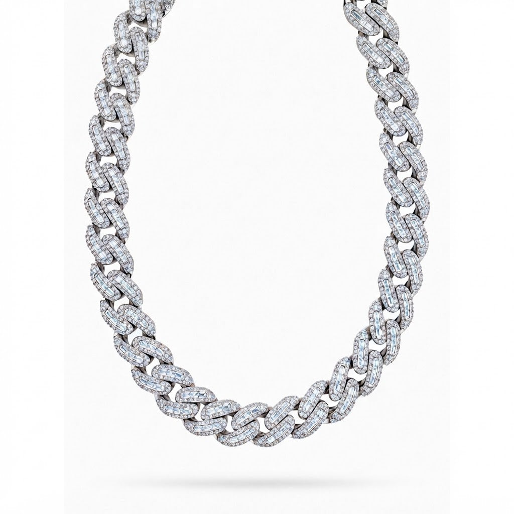 22MM Moissanite Round Baguette Iced Cuban Link Chain – 7MM Wide Blue Oval Diamond in Lock