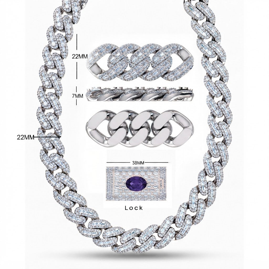 22MM Moissanite Round Baguette Iced Cuban Link Chain – 7MM Wide Blue Oval Diamond in Lock