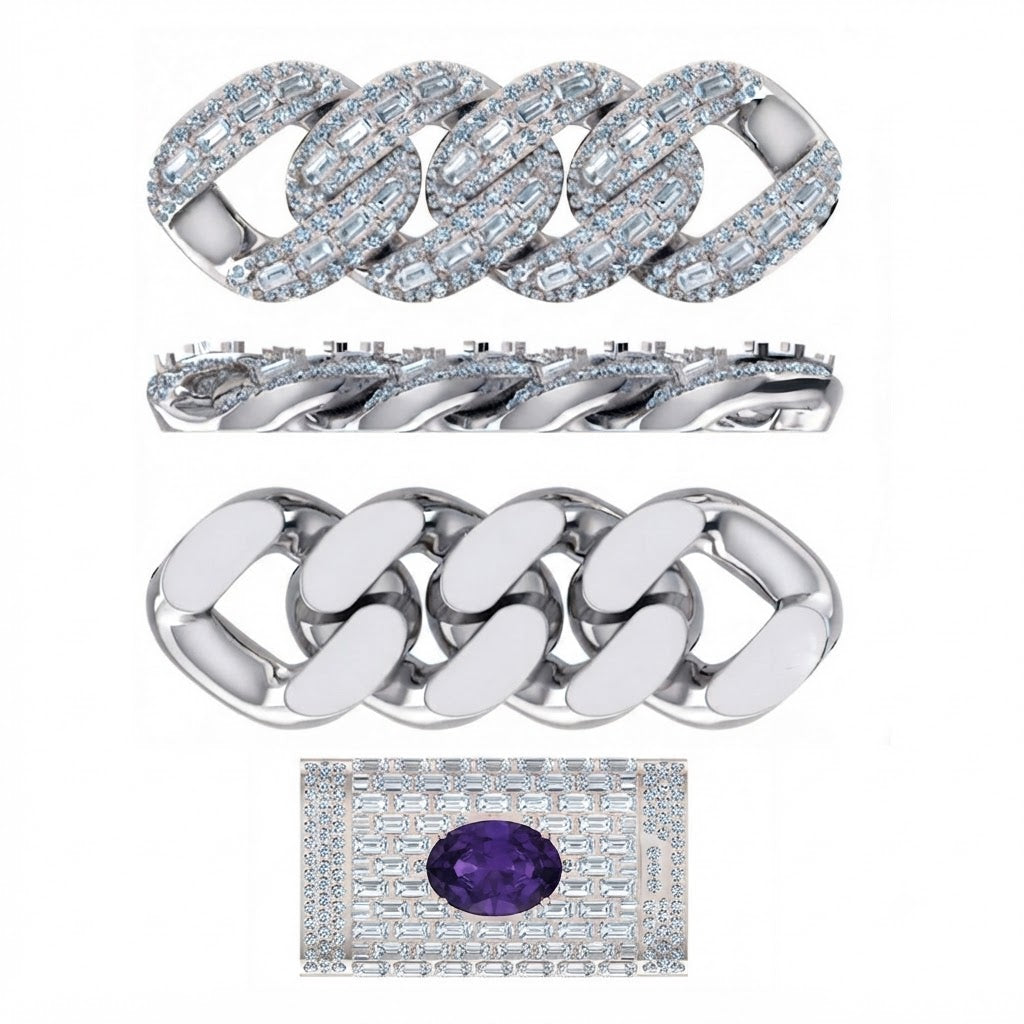 22MM Moissanite Round Baguette Iced Cuban Link Chain – 7MM Wide Blue Oval Diamond in Lock