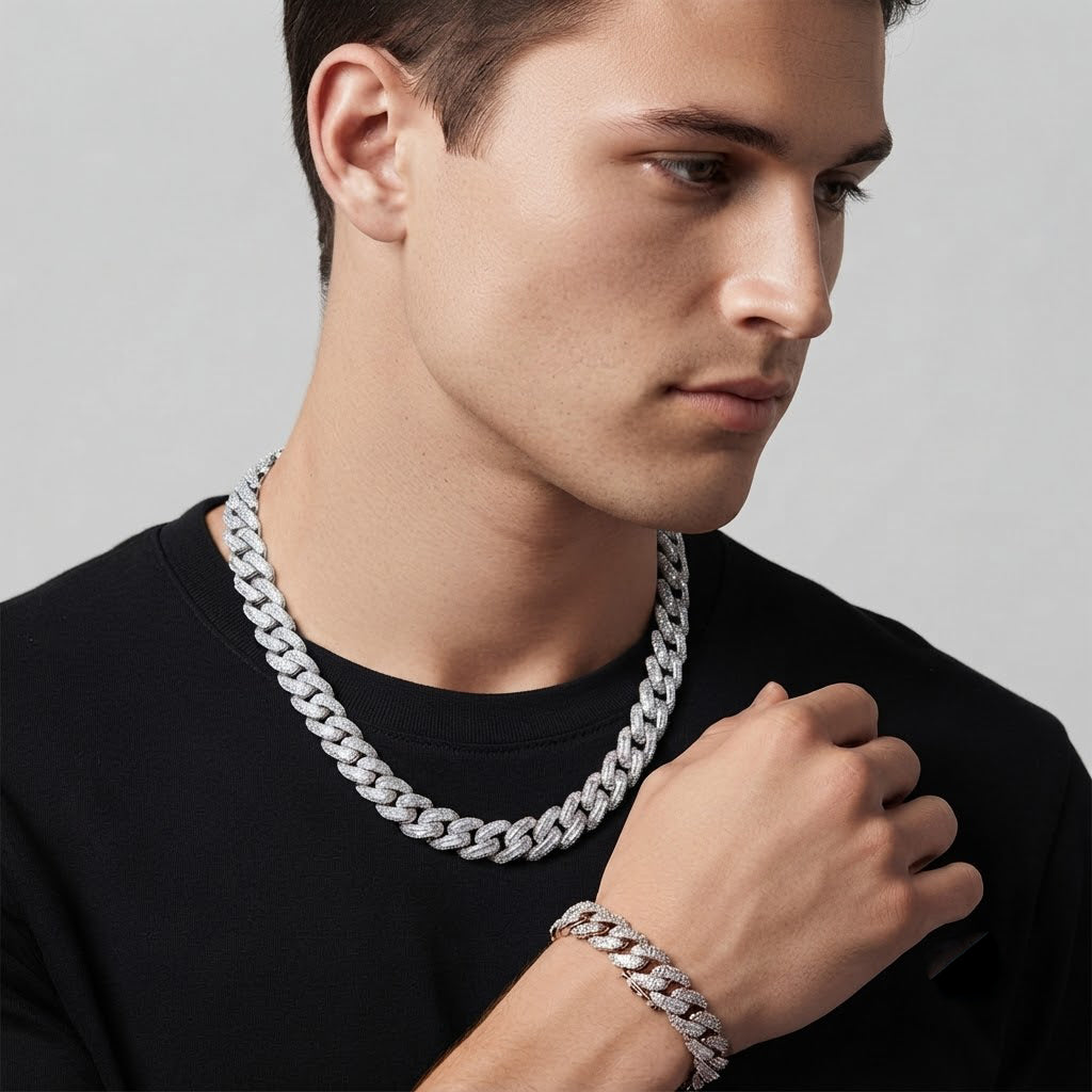22MM Moissanite Round Baguette Iced Cuban Link Chain – 7MM Wide Blue Oval Diamond in Lock