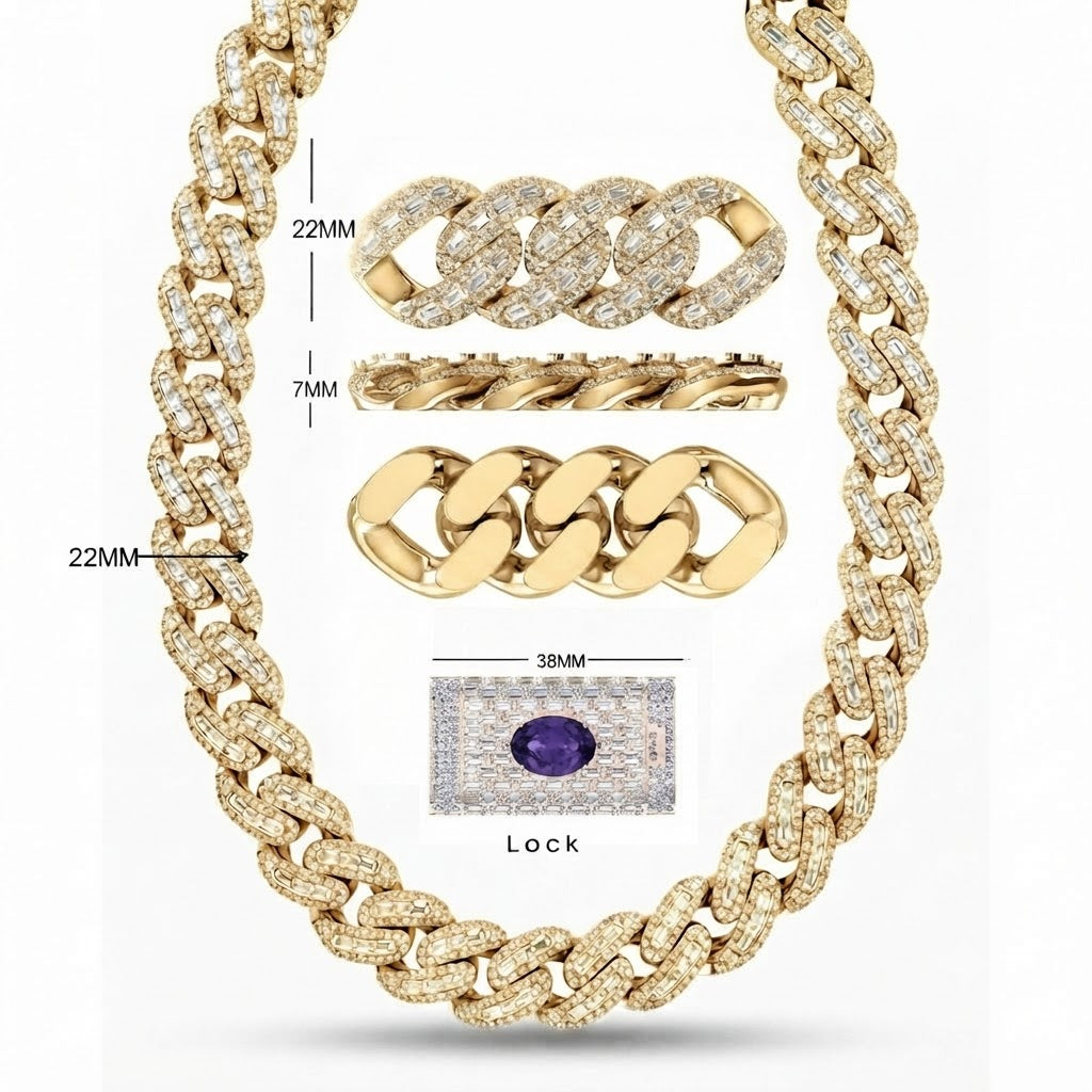 22MM Moissanite Round Baguette Iced Cuban Link Chain – 7MM Wide Blue Oval Diamond in Lock