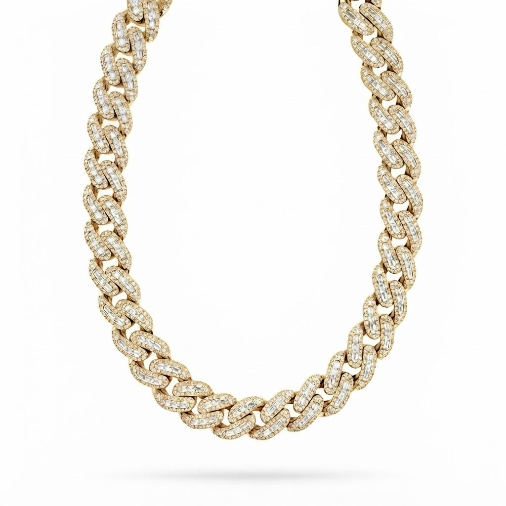 22MM Moissanite Round Baguette Iced Cuban Link Chain – 7MM Wide Blue Oval Diamond in Lock