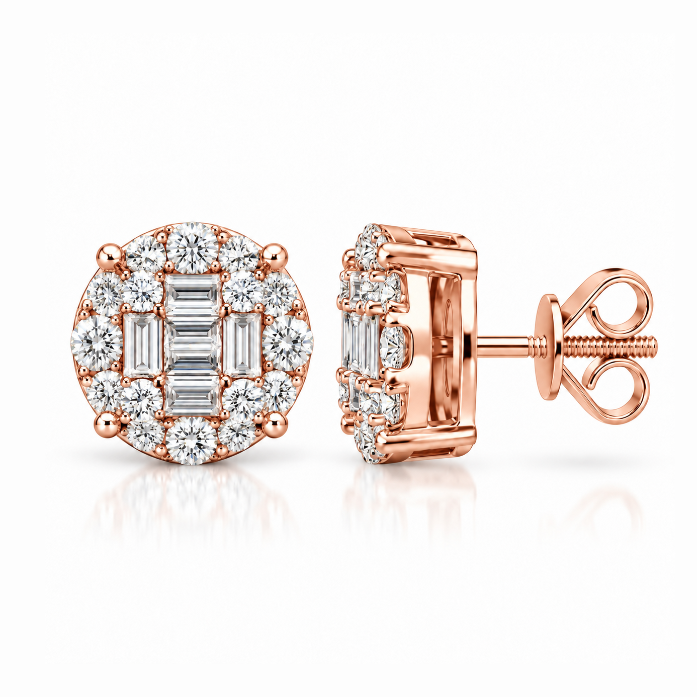 Round Baguette Moissanite Diamond Men's Stud Earrings