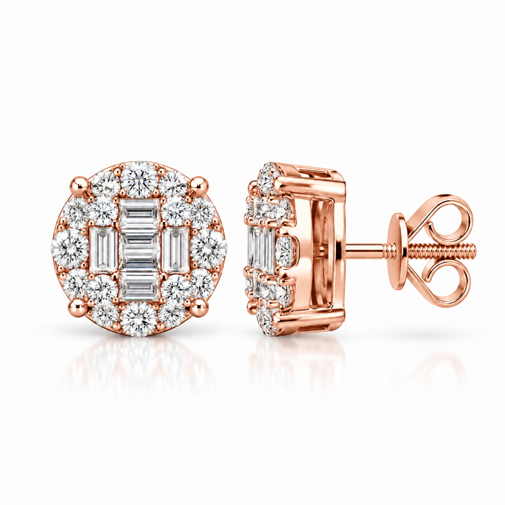 Round Baguette Moissanite Diamond Men's Stud Earrings